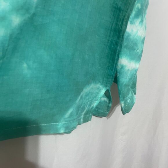 Upcycled Tie Dye Bright Green Gauzy Ombre V Neck Bell Sleeve Tunic Top - Picture 10 of 12